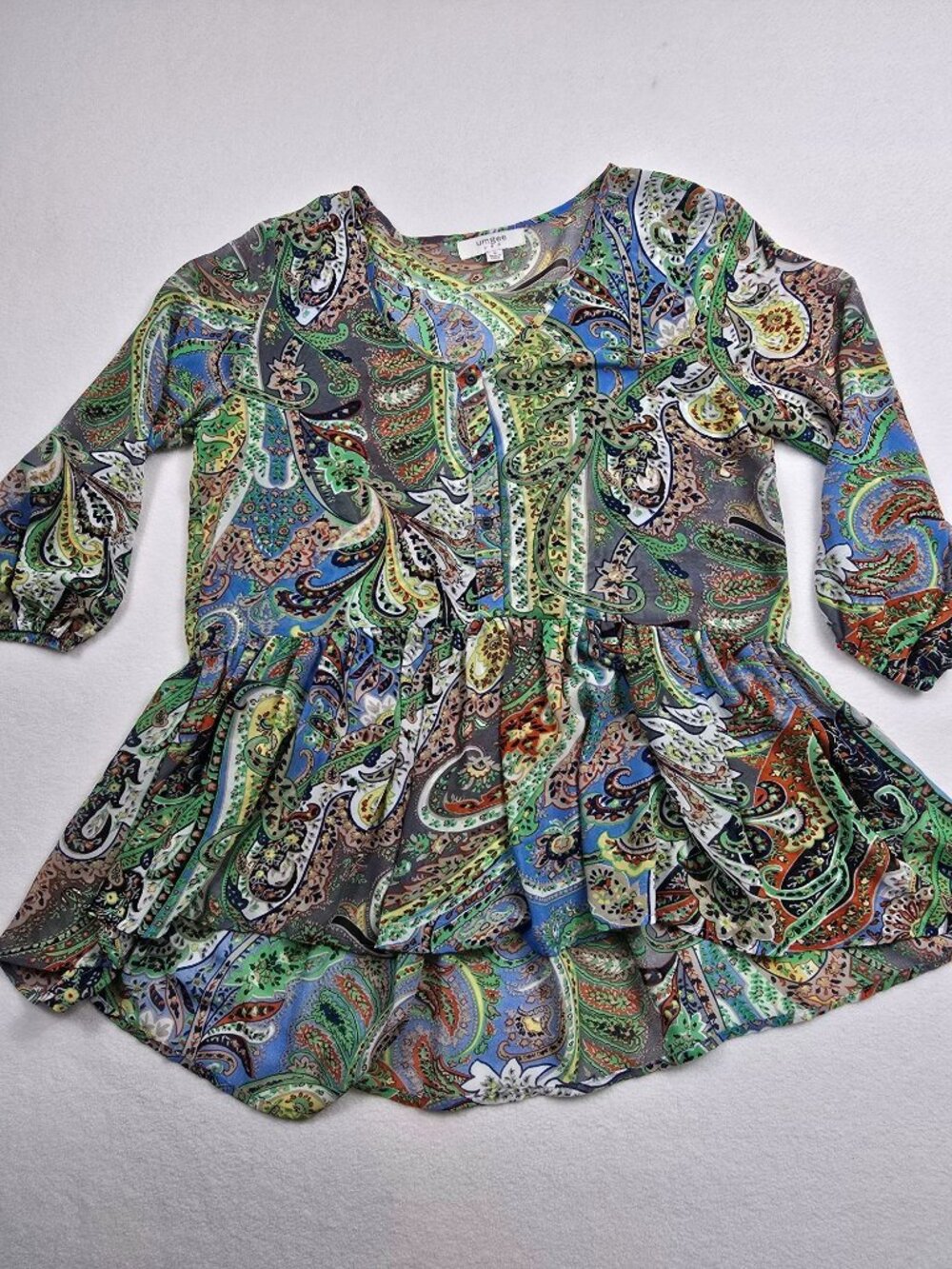 Umgee Womens Small Paisley Printed Peasant Tunic Dress Ruffled Hem 3/4 Sleeves